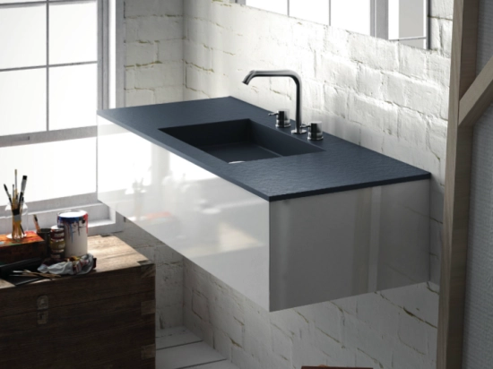 Plan vasque Design, sur mesure, Largeur 60 à 200 cm x Profondeur 40 à 60 cm, résine minérale de couleurs ACRYSTONE®, Finition lisse, Livraison Offerte et Rapide.